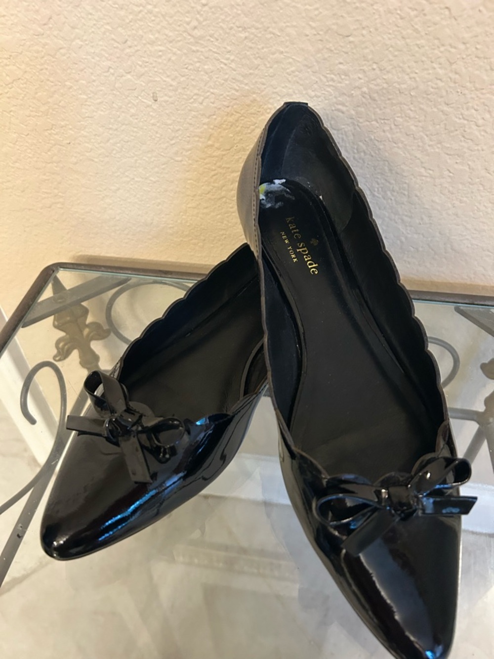 kate spade Black Patent Leather Pointed-Toe Flats with Bow Trim